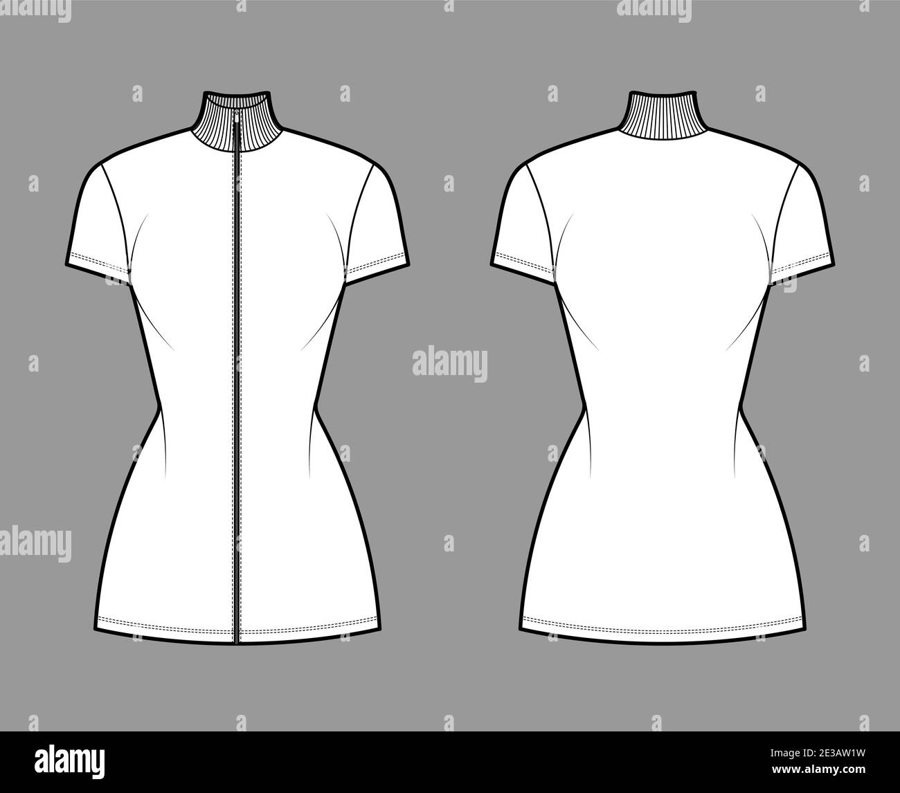Turtleneck zip-up dress technical fashion illustration with short sleeves, mini length, fitted body, Pencil fullness. Flat apparel template front, back, white color. Women, men unisex CAD mockup Stock Vector