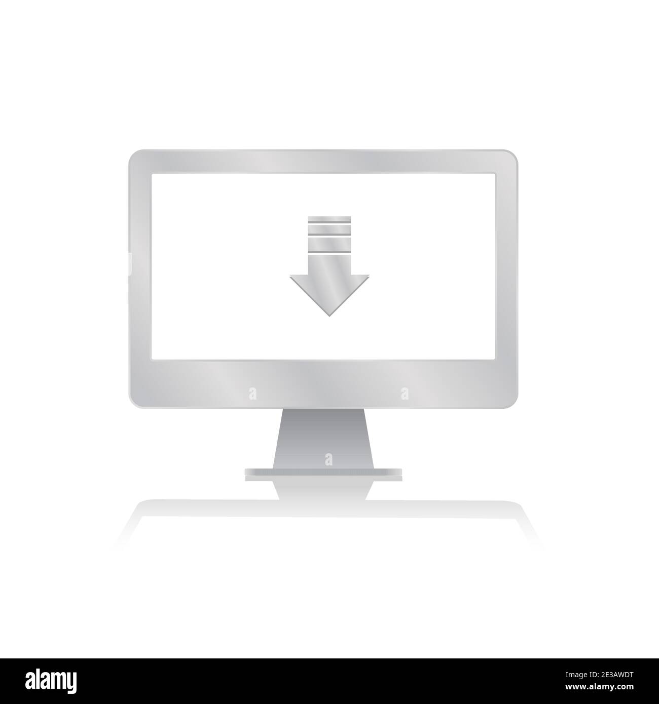 arrow down for download to computer icon inside blank screen computer monitor with reflection minimalist modern icon vector illustration Stock Vector