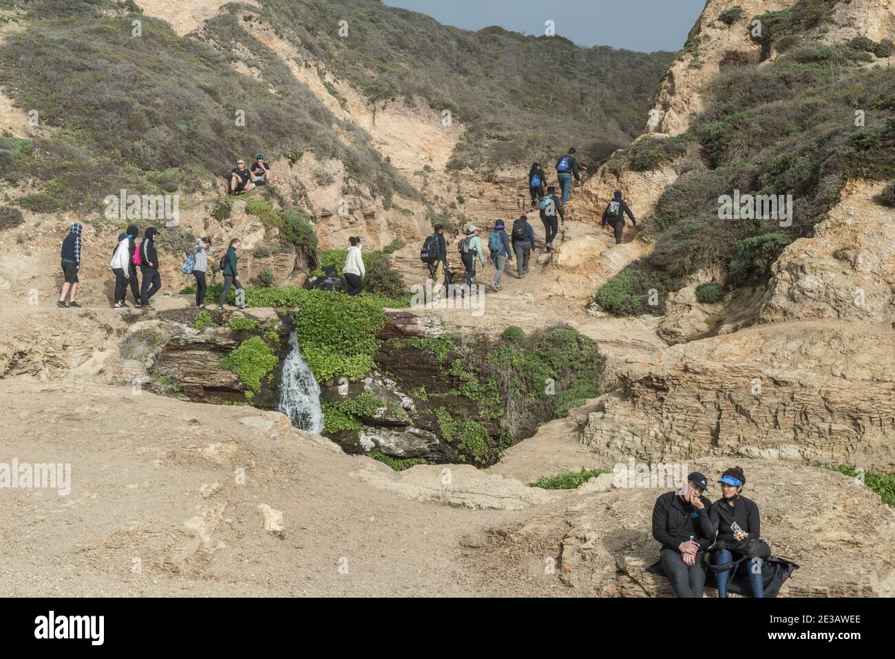 Visitors crowd at the top of Alamere falls in Point Reyes, shortly beyond this point the water cascades off a cliff and into the ocean. Stock Photo
