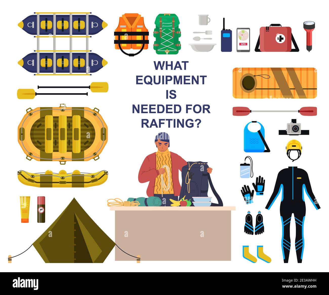Rafting equipment and protective gear set, flat vector isolated illustration. Stock Vector