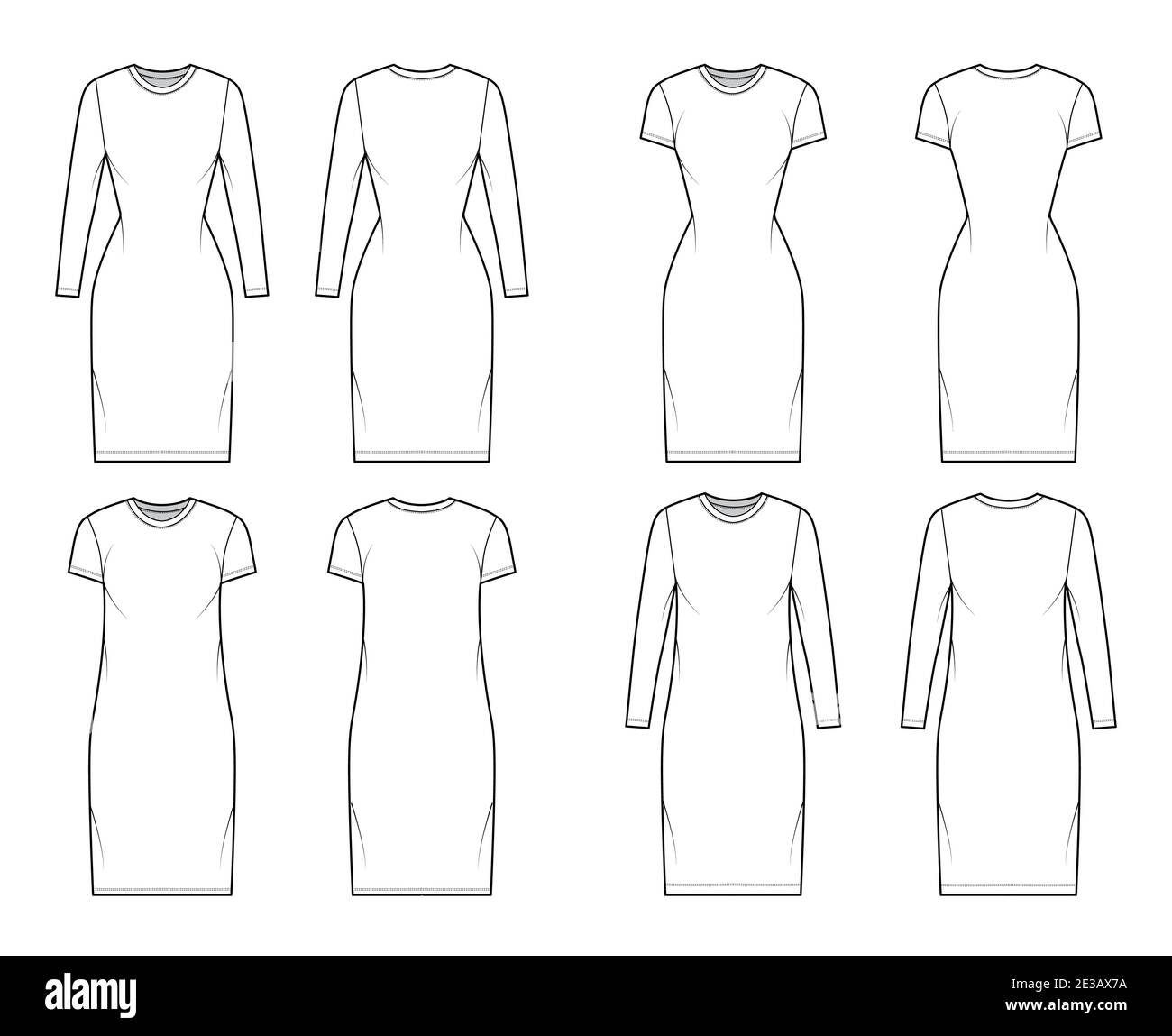 Set of T-shirt dresses technical fashion illustration with crew neck, long and short sleeves, knee length, oversized and fitted. Flat apparel template front, back, white color. Women, men CAD mockup Stock Vector