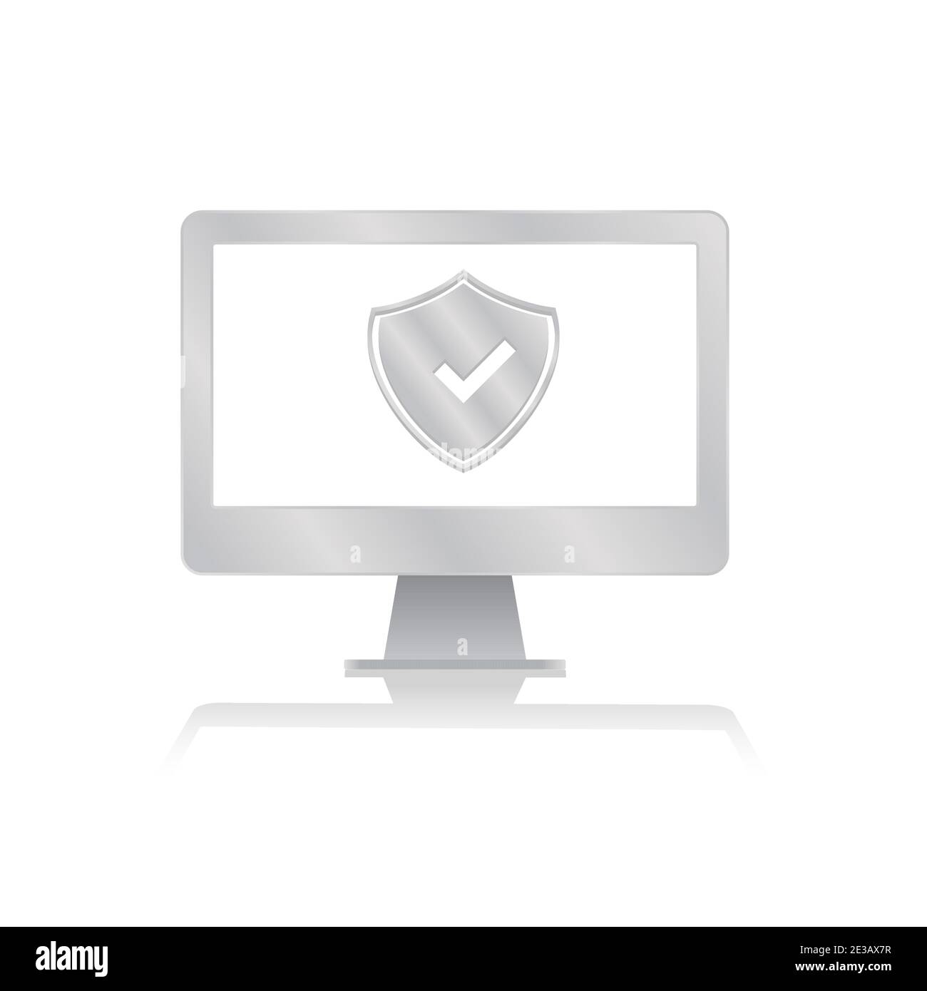 checked shield for scure symbol inside blank screen computer monitor with reflection minimalist modern icon vector illustration Stock Vector