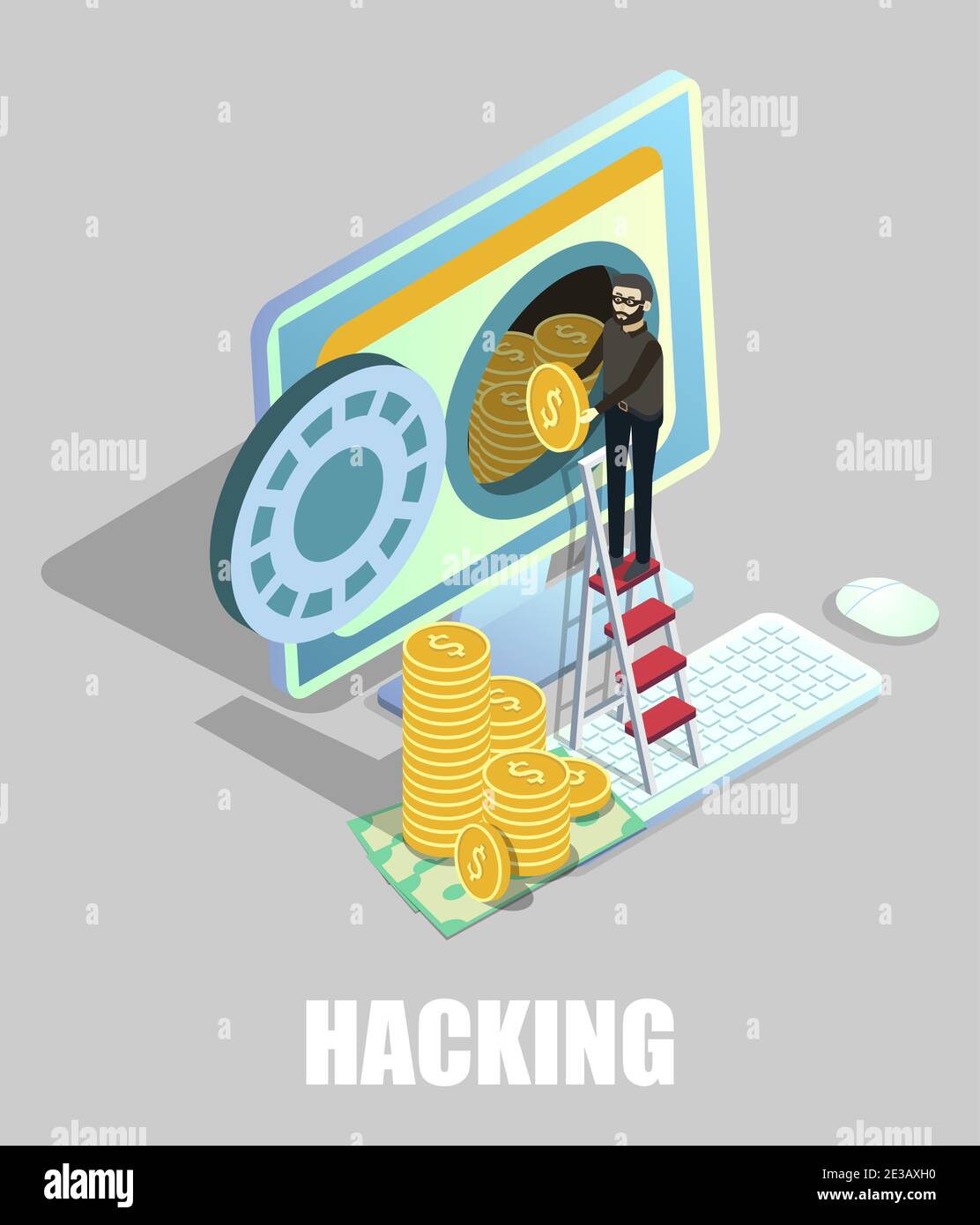 Isometric hacker, cyber thief stealing money from computer, vector illustration. Web hacking attack. Stock Vector