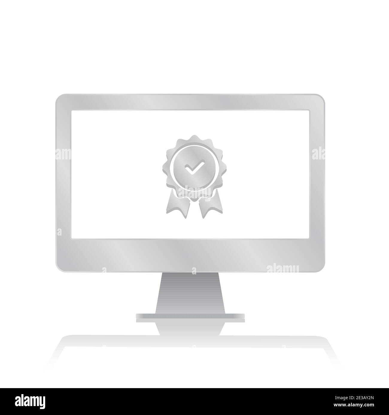 approval check certified stamp inside blank screen computer monitor with reflection minimalist modern icon vector illustration Stock Vector
