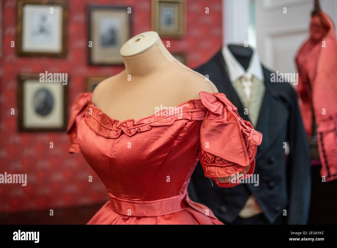 Display  featuring the low cut bodice of a period gown at the Volkonsky Manor at the Irkutsk Regional Historic Memorial Decembrists' Museum. Stock Photo