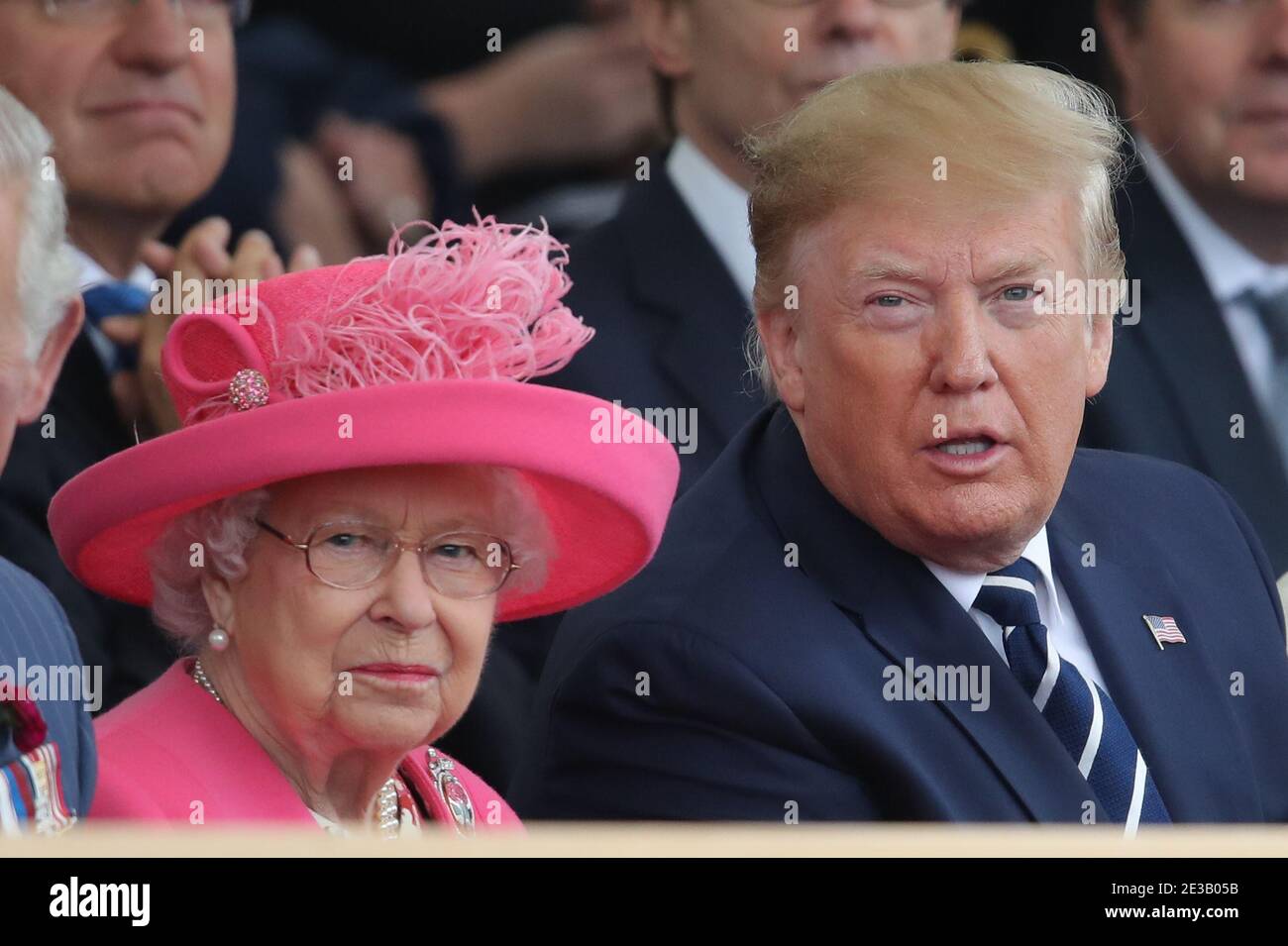 File photo dated 05/06/19 of Queen Elizabeth II and US President Donald Trump during the commemorations for the 75th Anniversary of the D-Day landings at Southsea Common in Portsmouth. The Donald Trump baby blimp has been 'consigned to history' - at a museum. Issue date: Monday January 18, 2021. Stock Photo