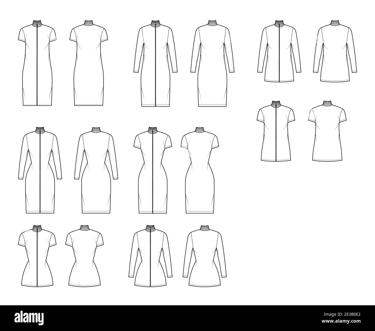 Turtleneck zipup dress technical fashion illustration with long, short