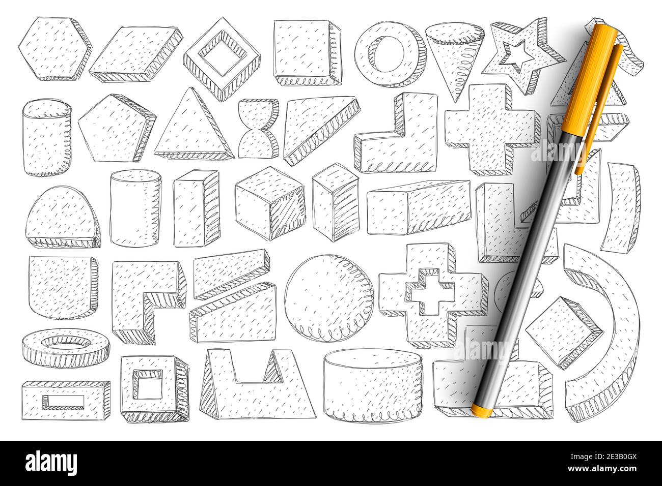 Geometrical forms and shapes doodle set. Collection of hand drawn cubes, circles, arc, triangle, cross and other forms of geometry isolated on transparent background Stock Vector