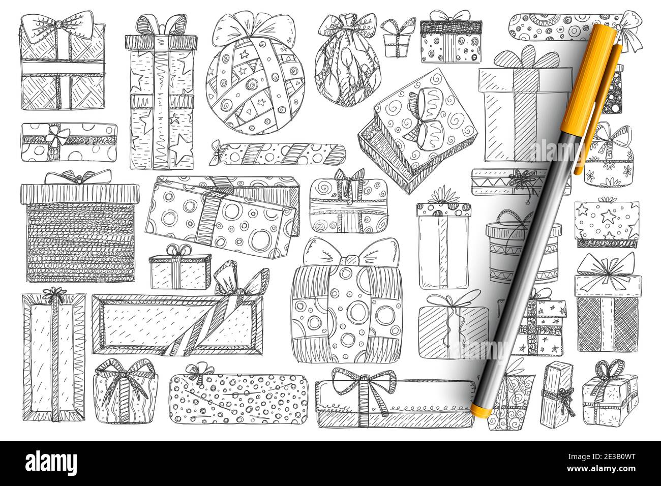 Holiday present in boxes doodle set. Collection of hand drawn festive holiday gifts in wrapping paper decorated with ribbons isolated on transparent background. Illustration of birthday and Christmas Stock Vector