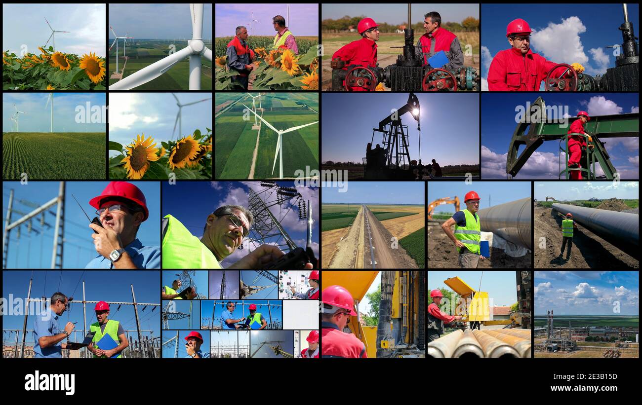 Generating Electric Power From Sources of Primary Energy Photo Collage. Electric Power Distribution. Photo Collage Presenting Sources of Energy. Stock Photo