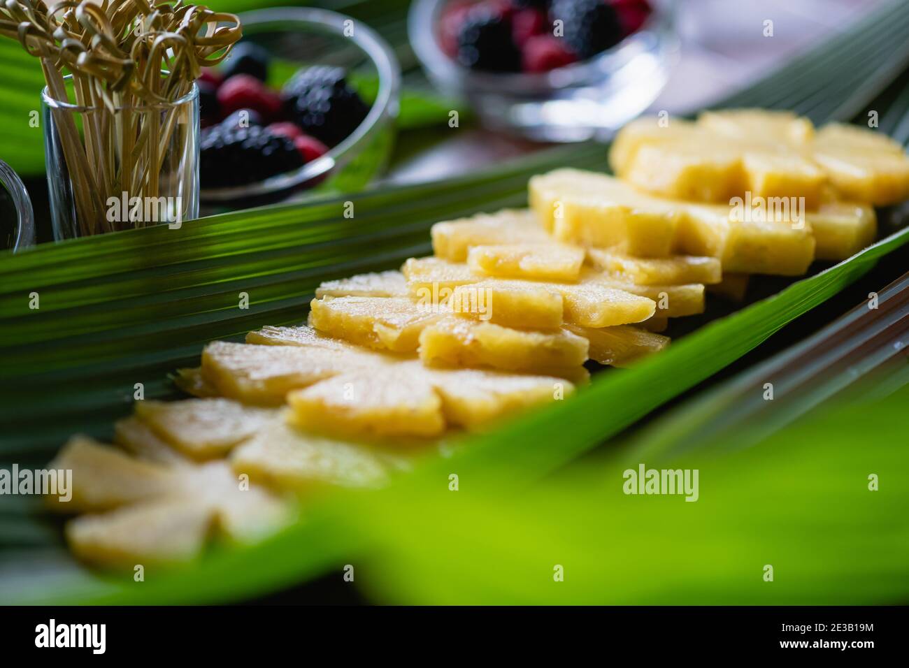 Close up fresh pineapple slices on leaf Stock Photo