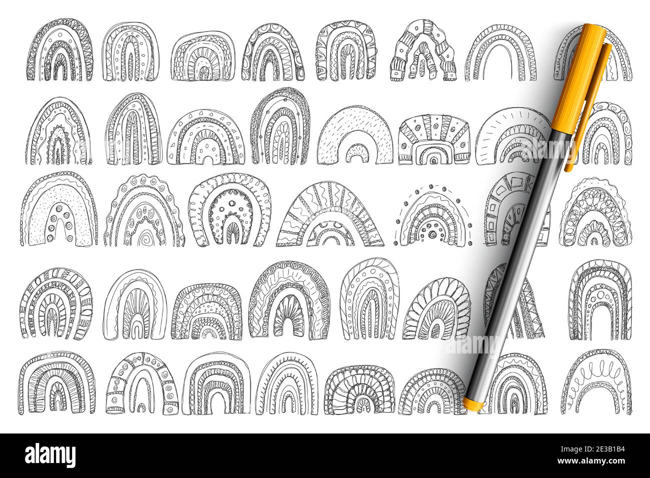 Arches and rainbows shapes doodle set. Collection of hand drawn arches shapes of different layers sizes and patterns in rows isolated on transparent background. Illustration of geometrical arcs Stock Vector