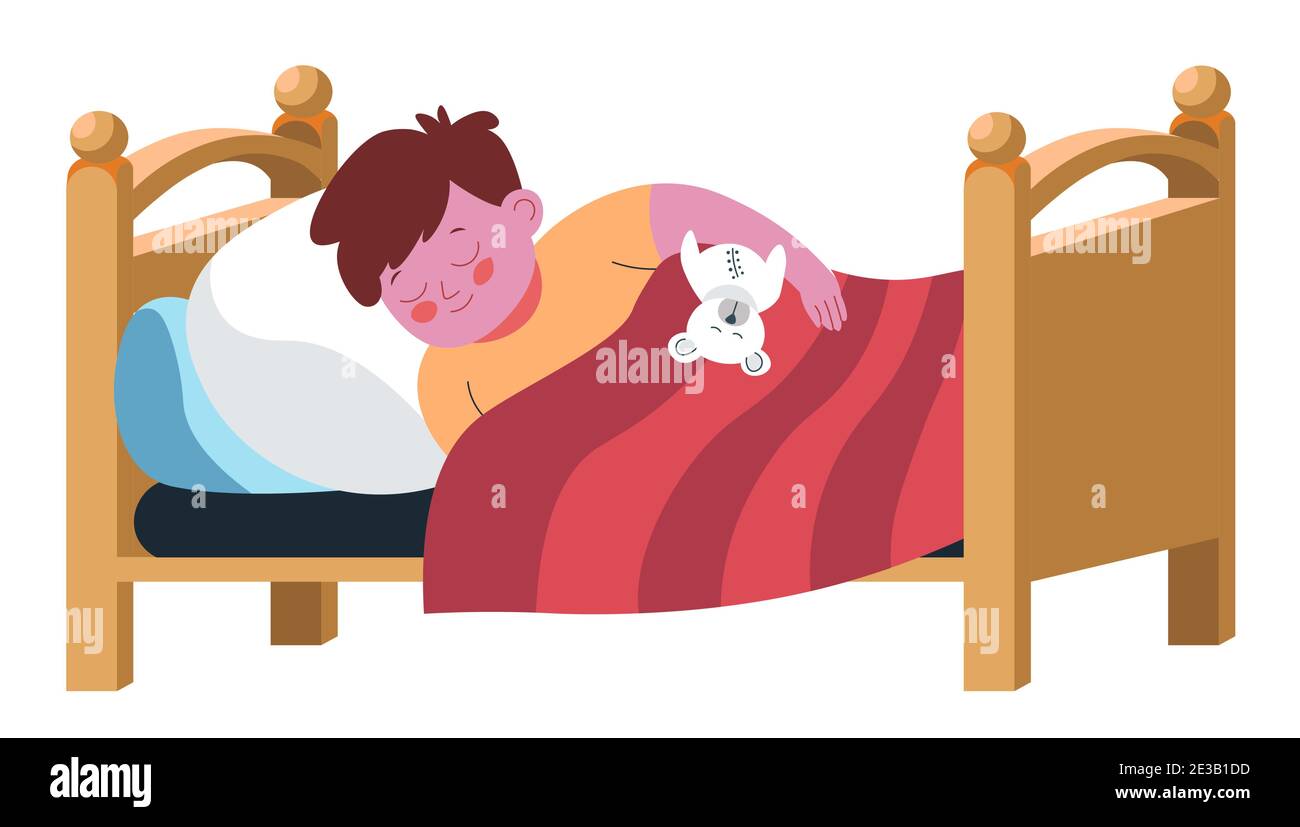 Child boy sleeping in bed, holding toy vector Stock Vector