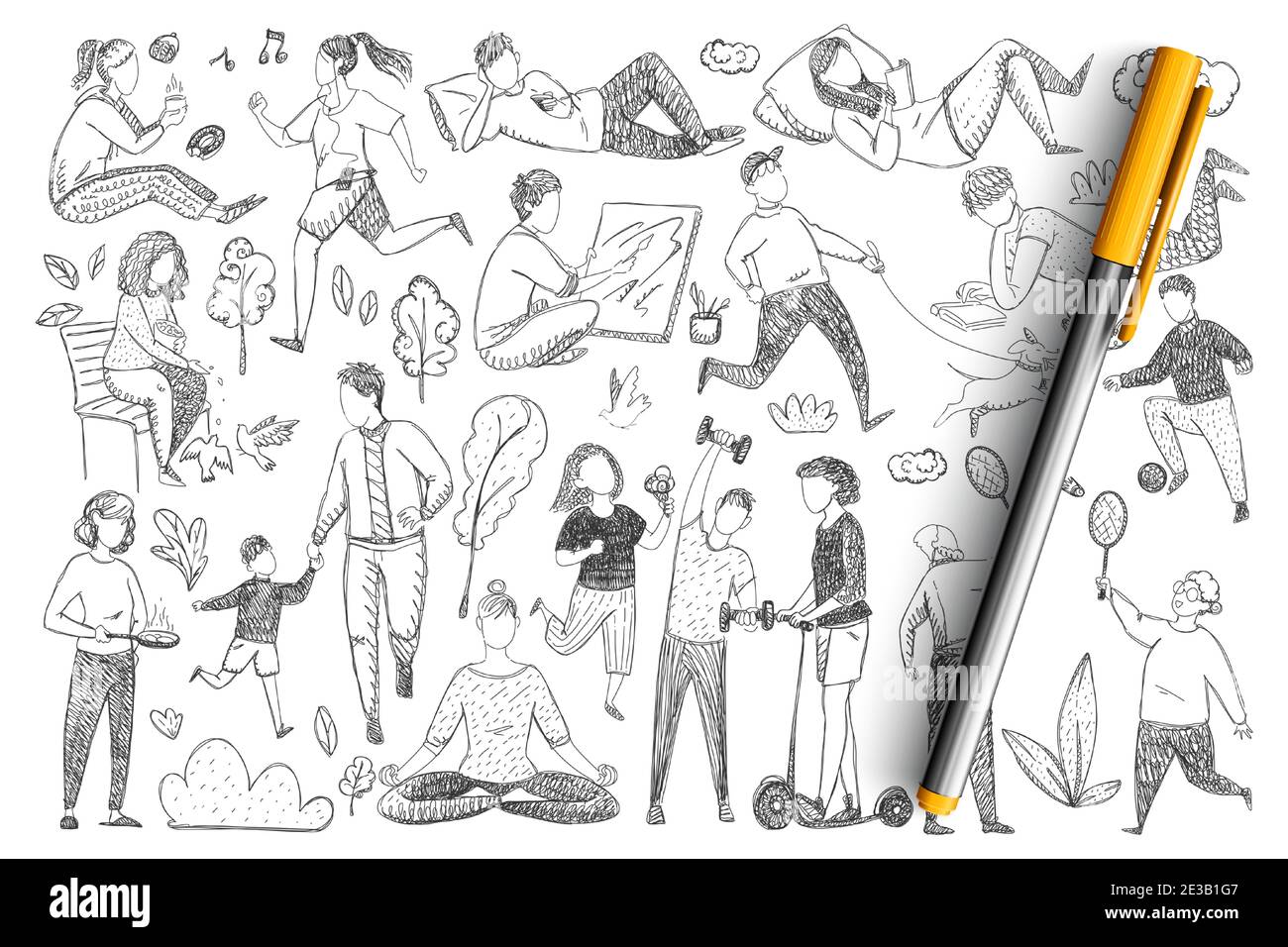 Healthy Family Lifestyle Doodle Set Collection Of Hand Drawn Parents Doing Sport Meditating Playing Games Walking With Children Isolated On Transparent Background Illustration Of Happy Family Stock Vector Image Art