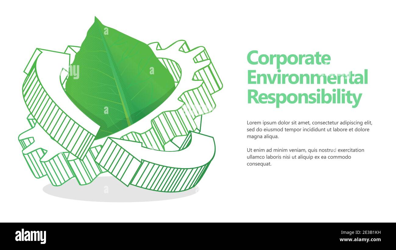 CER corporate environmental responsibility concept leaf inside gear and looping arrow abstract flat style illustration Stock Vector