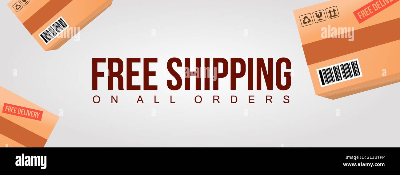 free shipping on all order clean banner with product cardboard shipment box background illustration Stock Vector