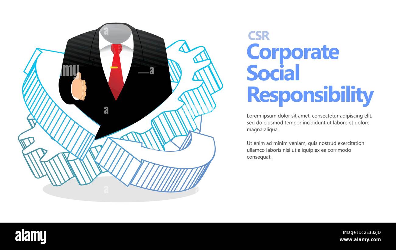 CSR corporate social responsibility concept. management wear businessman suit landing hand for handshake inside gear with custom text placement flat s Stock Vector