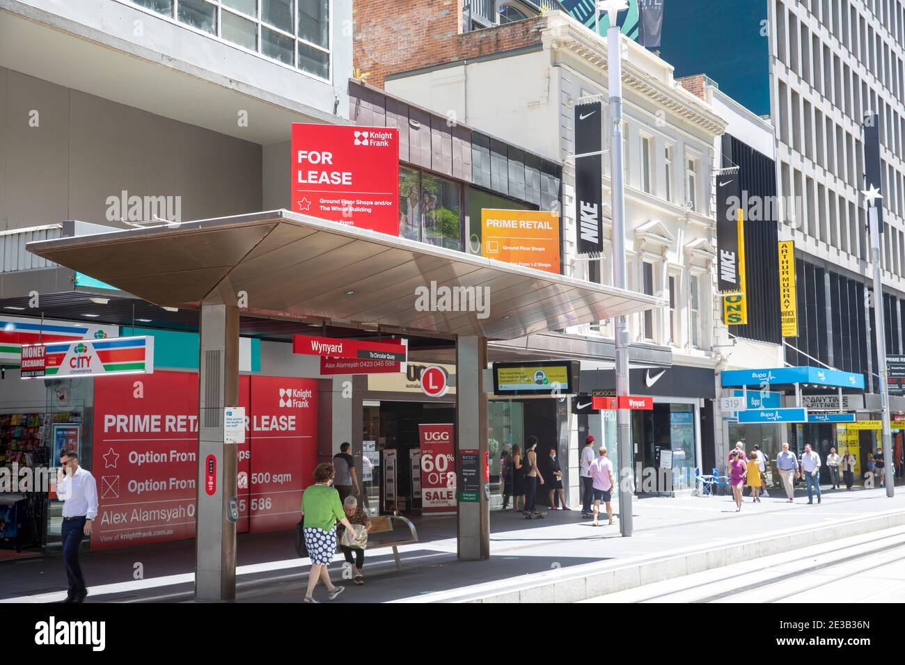 Empty shops for lease on the high street in Sydney city centre during coronavirus pandemic,Sydney,Australia Stock Photo