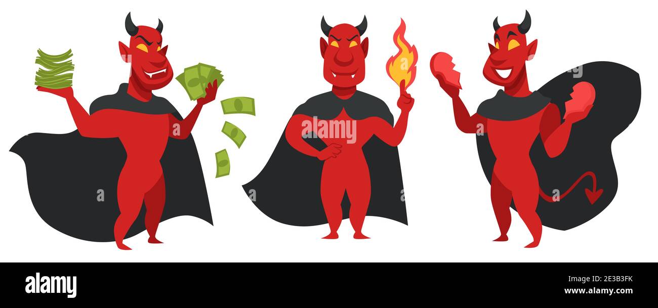 Devil with money, fire and broken heart character Stock Vector