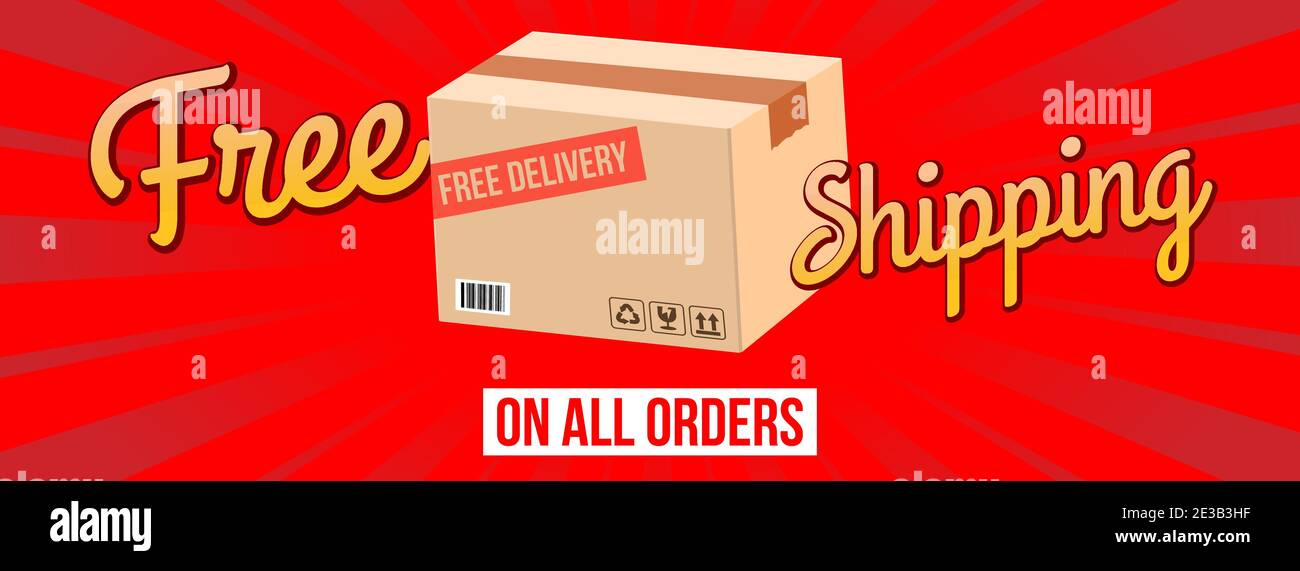 free shipping on all orders comic style modern dynamic sales banner with shipment cardboard vector illustration Stock Vector