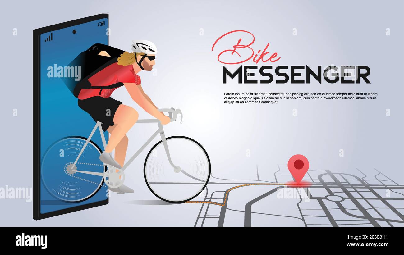 bike messenger on mobile city bicycle currier with city map and pin location route tracking Webpage, app design. Gray background. Perspective vector Stock Vector