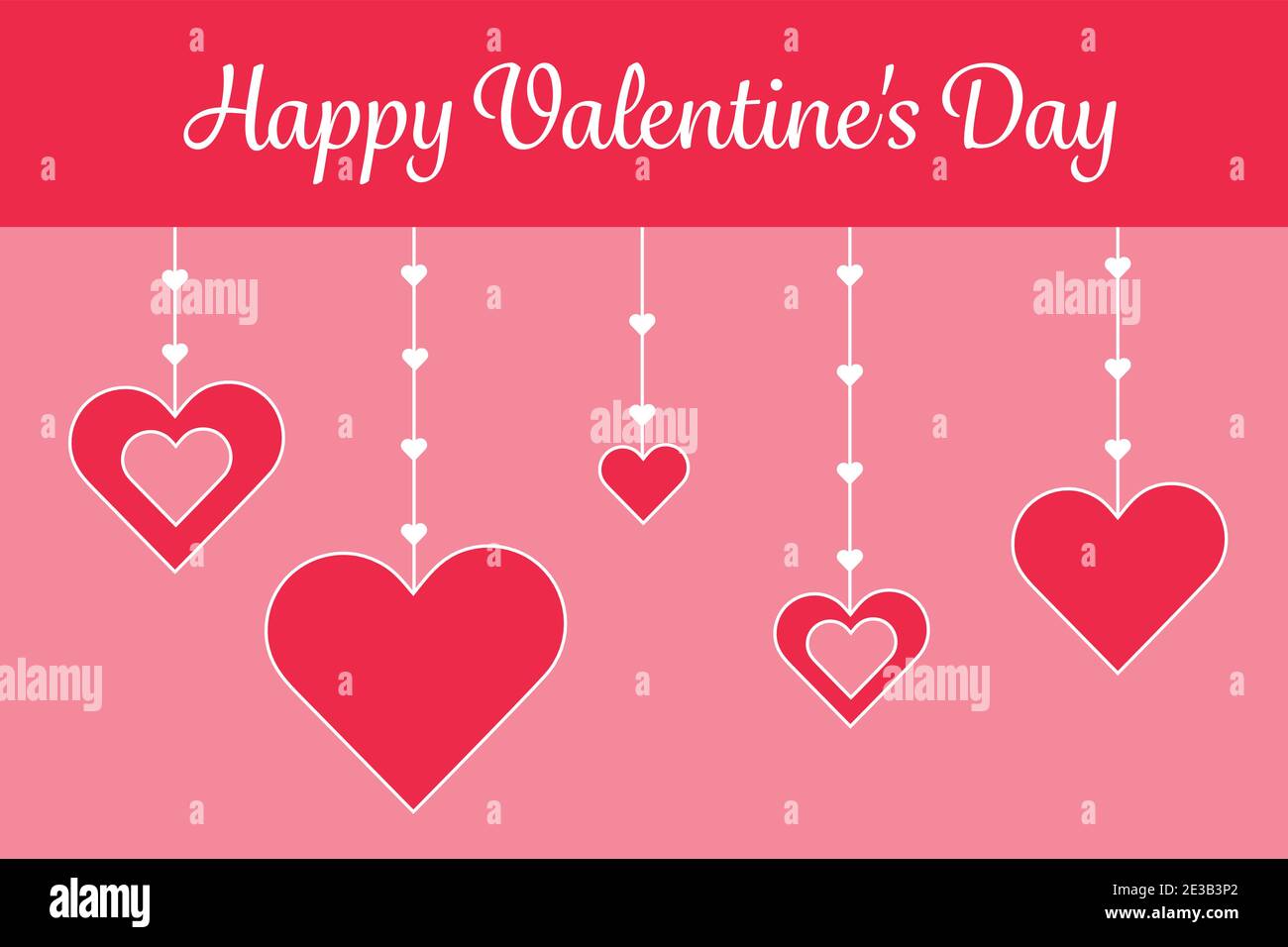 Cute Happy Valentines Day greeting card, big red hearts on threads with ...