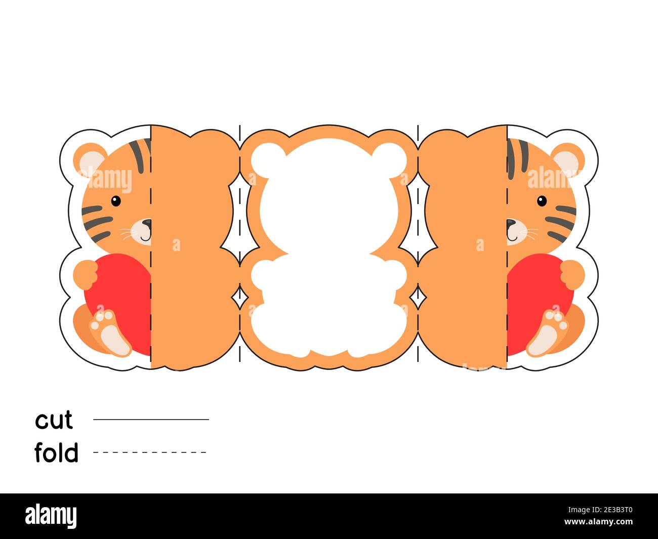Cute tiger hold heart. Fold long greeting card template. Great for St ...