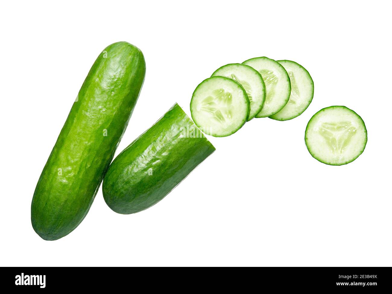Whole and slices cucumber isolated on white background - clipping path included Stock Photo