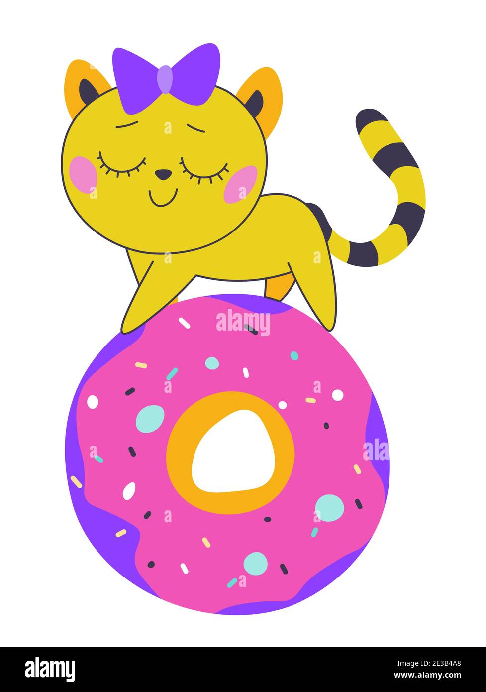 Kitty with closed eyes walking on glazed donut Stock Vector