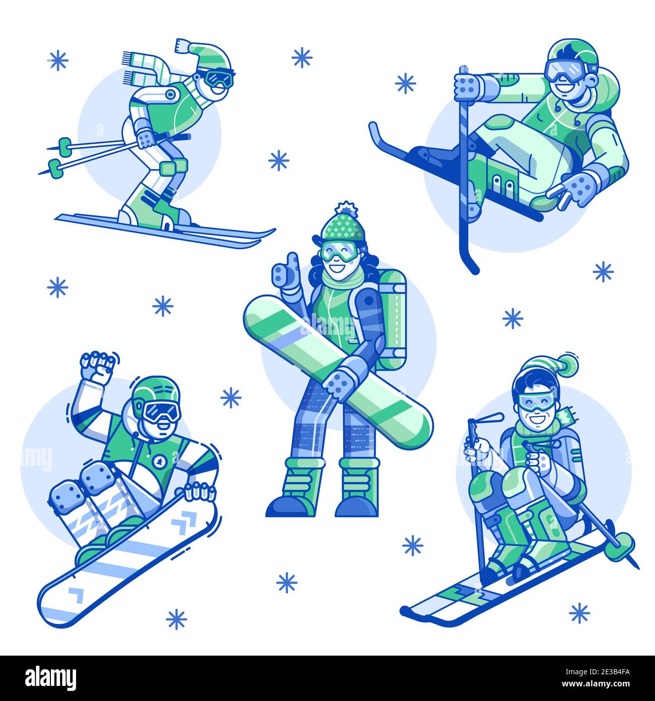 Winter Sports Man and Woman Line Icons Stock Vector