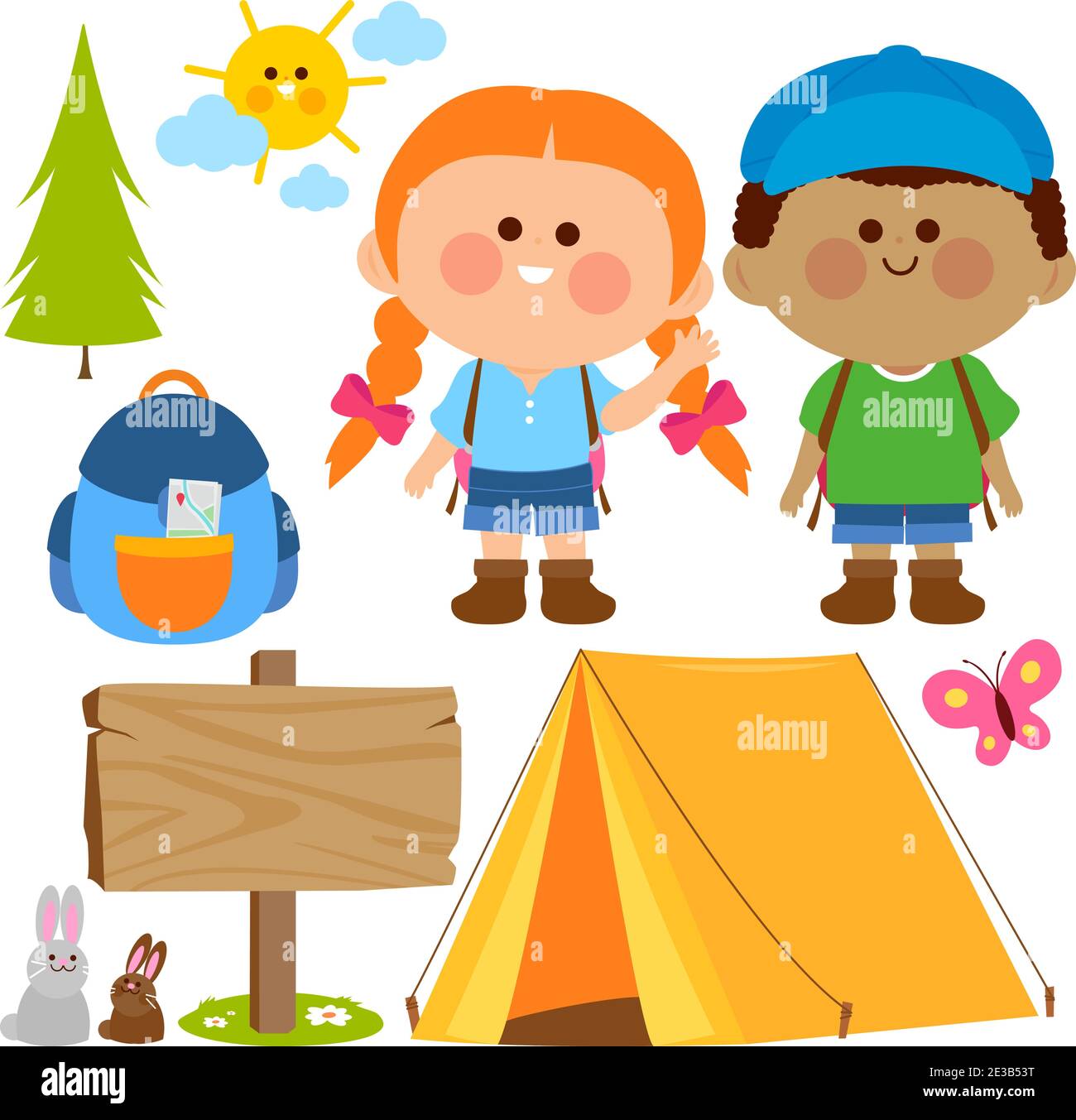 Happy children in a camping site. Vector illustration set Stock Vector ...