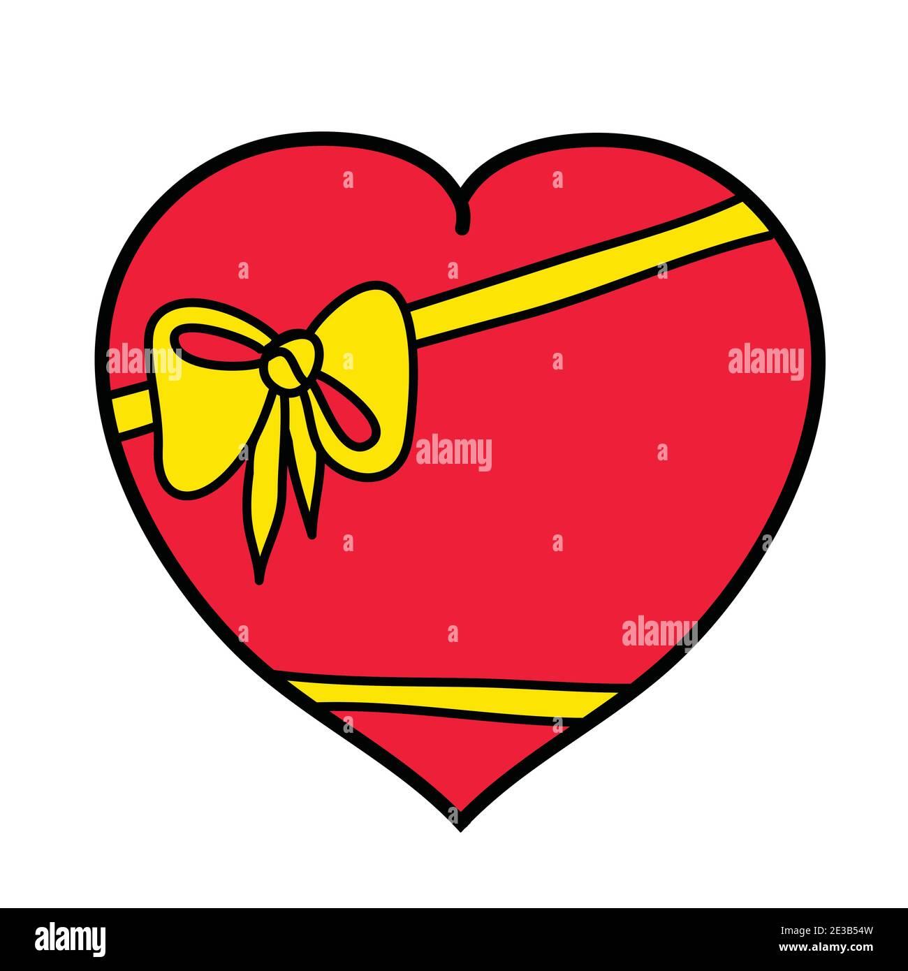 Red heart with yellow ribbon and bow, hand drawn flat vector ...