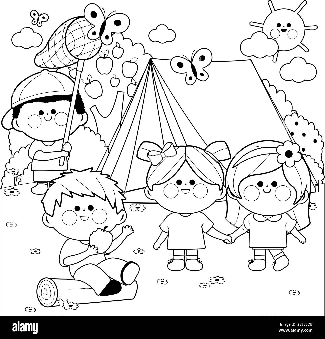 Happy children playing in a forest camping site. Vector black and white coloring page Stock Vector