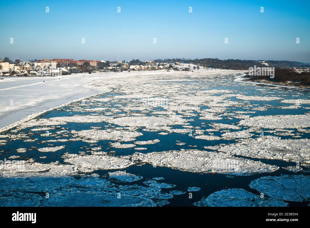 Nemunas river in Jurbarkas full of ice floe Stock Photo