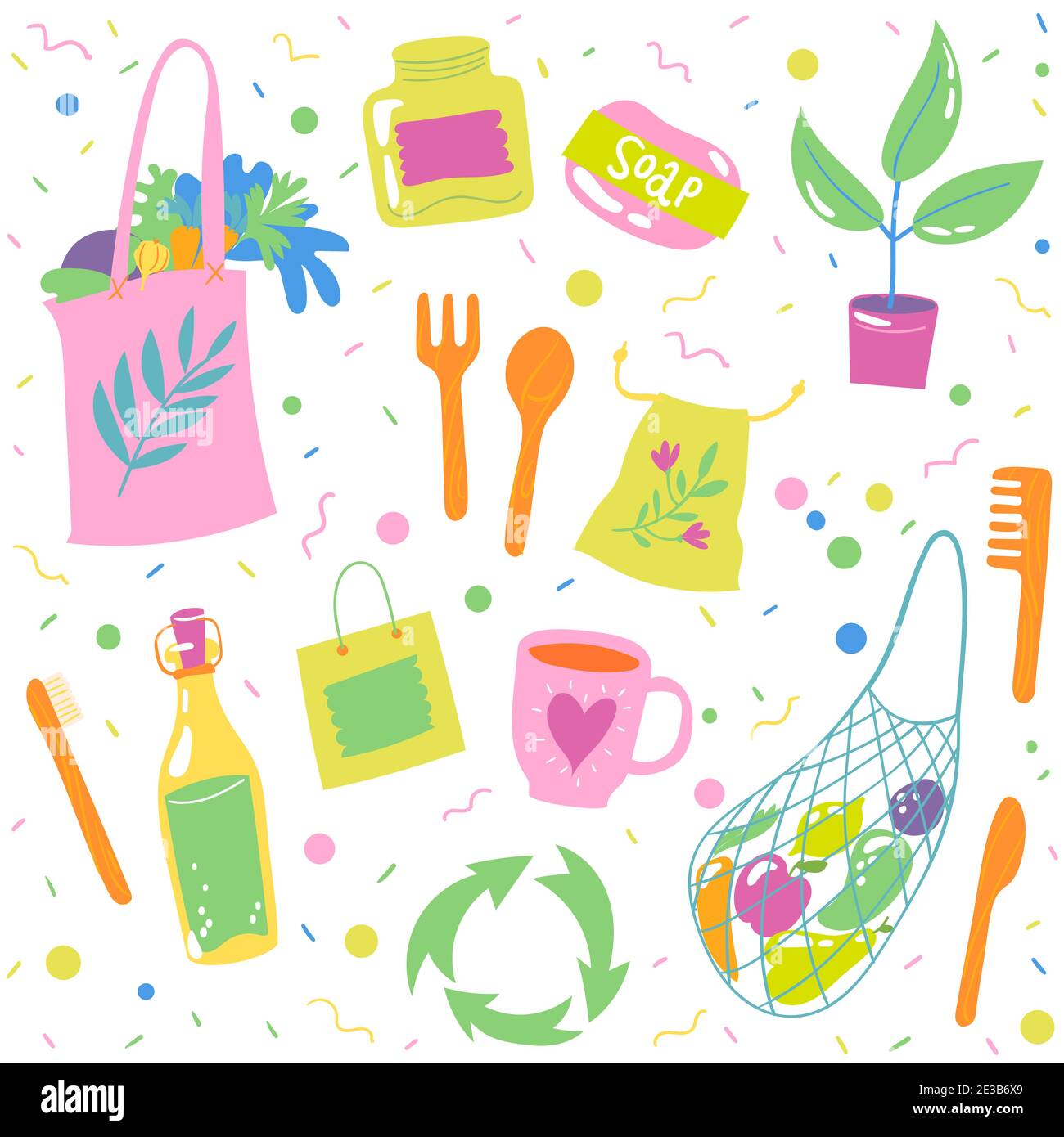 Seamless pattern background with ecological symbols in doodle style Stock Vector