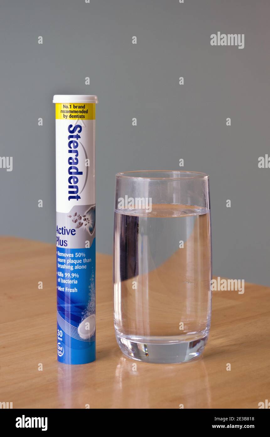 Tube of Steradent Active Plus Soluble Dental Denture Cleaning Tablets, UK Stock Photo