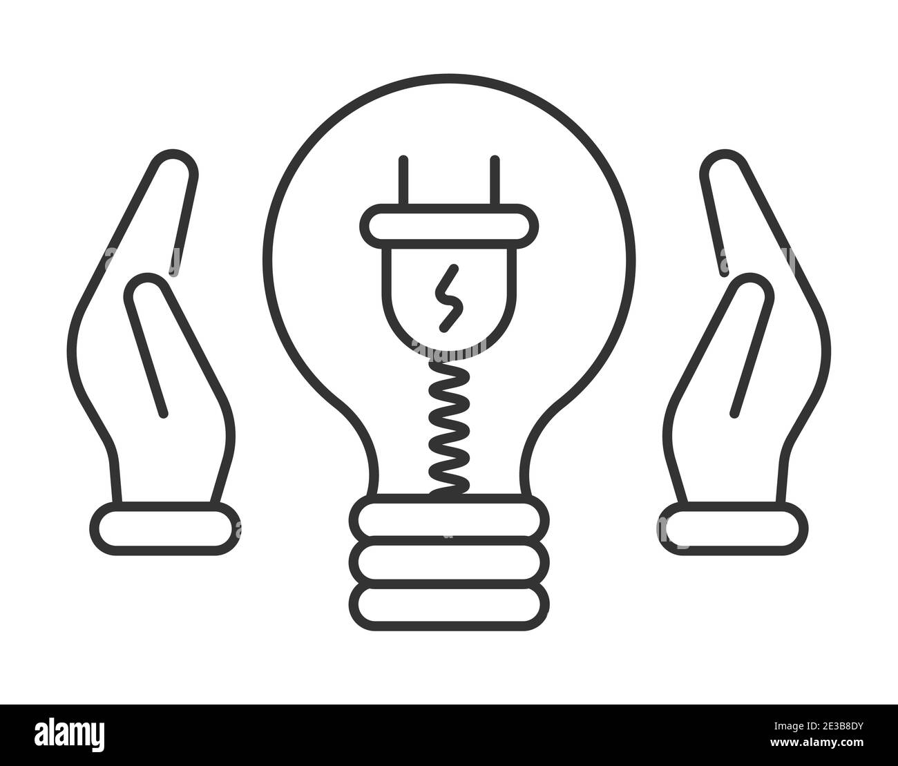 Power saving icon vector. Lamp and socket, wire inside bulb. Hands save energy. . Stock Vector