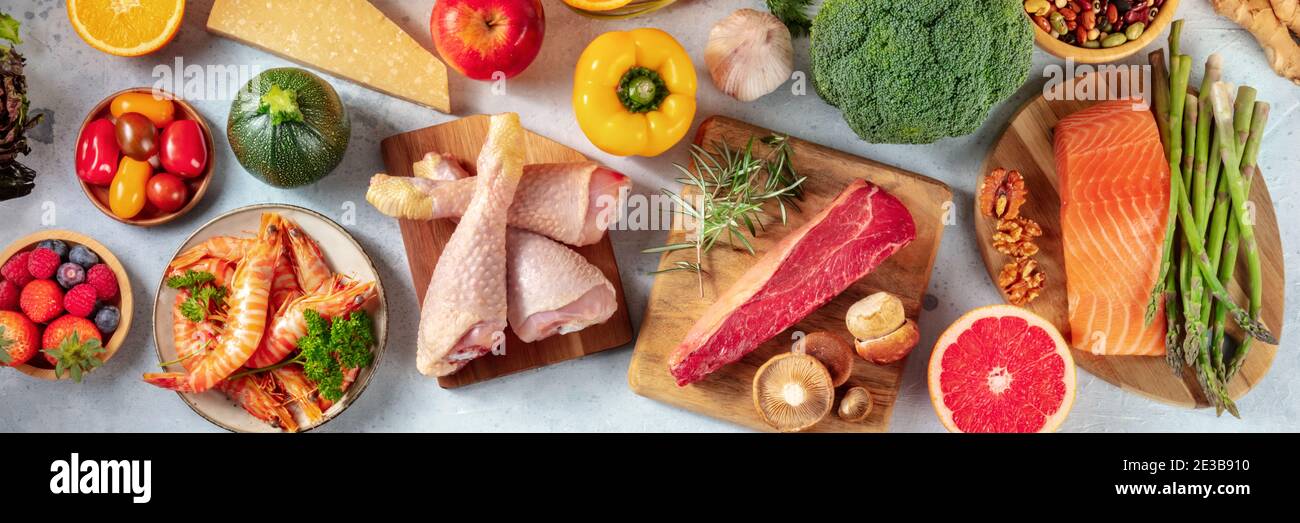 Food variety panorama, shot from above. A selection of healthy foods