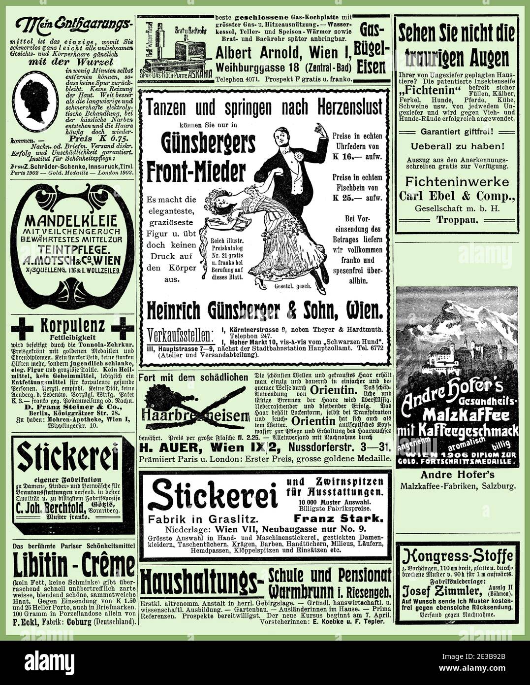 Commercial advertising page in German with many promotion banners and vignettes dated 1907 from Austrian Familien und Moden magazine Stock Photo