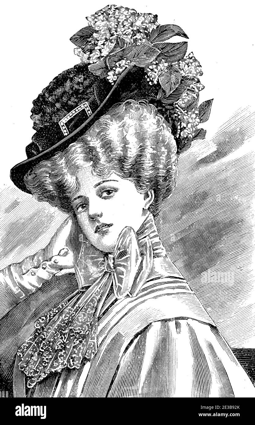Ladies hat and hairdressing fashion 1907,  broad hats with flowers, Gibson girl hairstyle with piled up hairs, blouse with bow and laces Stock Photo