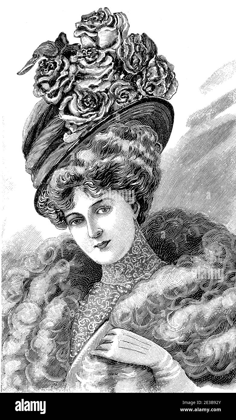 Ladies hat and hairdressing fashion 1907,  broad hats with flowers, Gibson girl hairstyle with piled up hairs, laces and voluminous coat Stock Photo