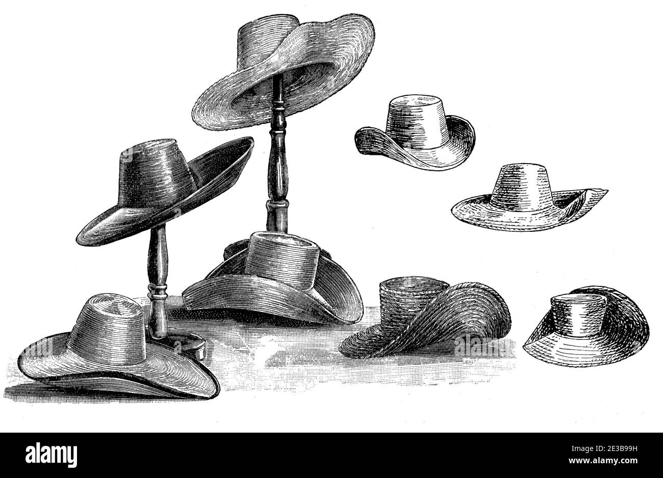Hat fashion 1907, broad-brimmed straw hats for woman and man wear Stock Photo