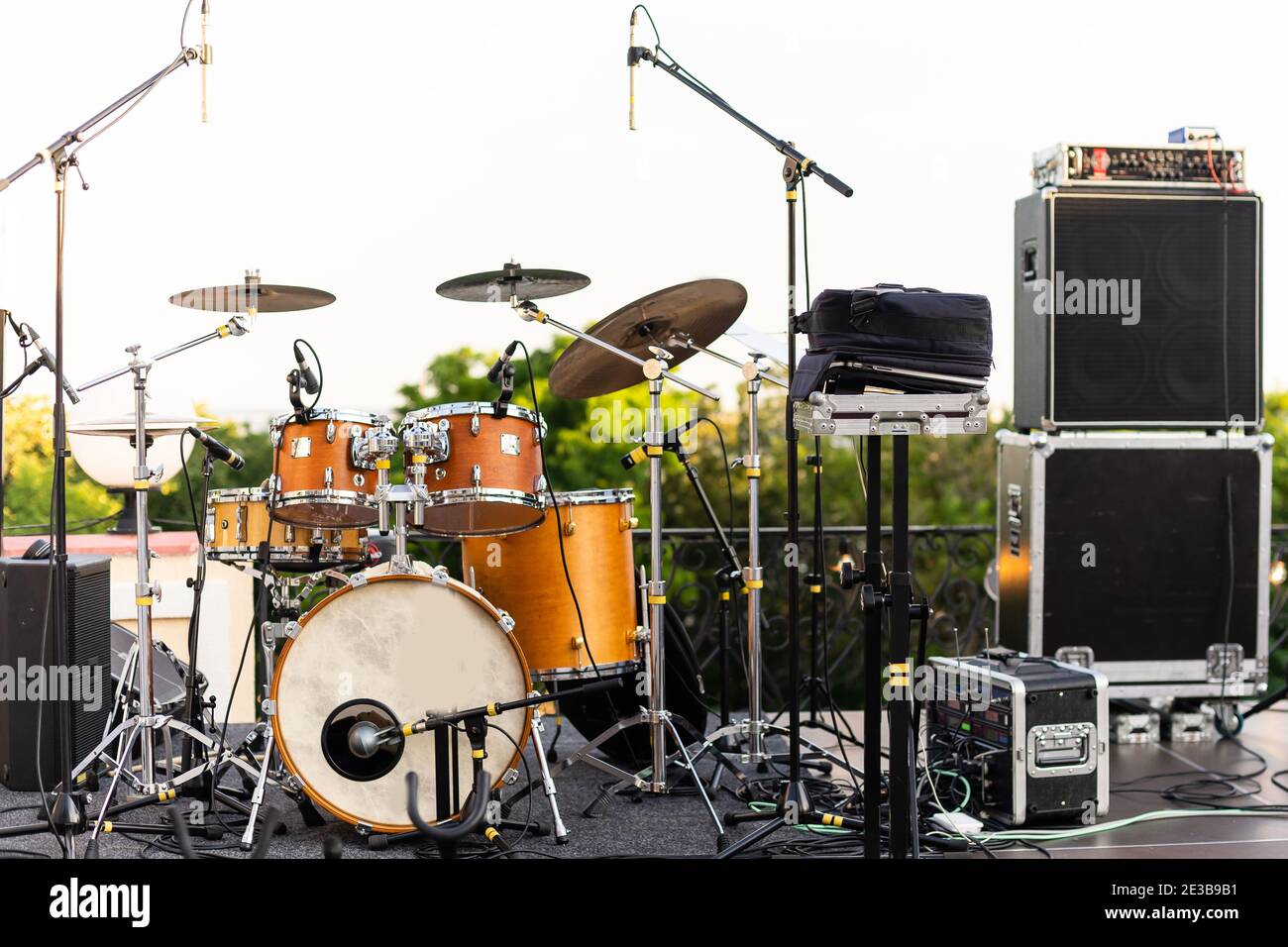 Music Instruments, Drums, Guitar on stage Stock Photo