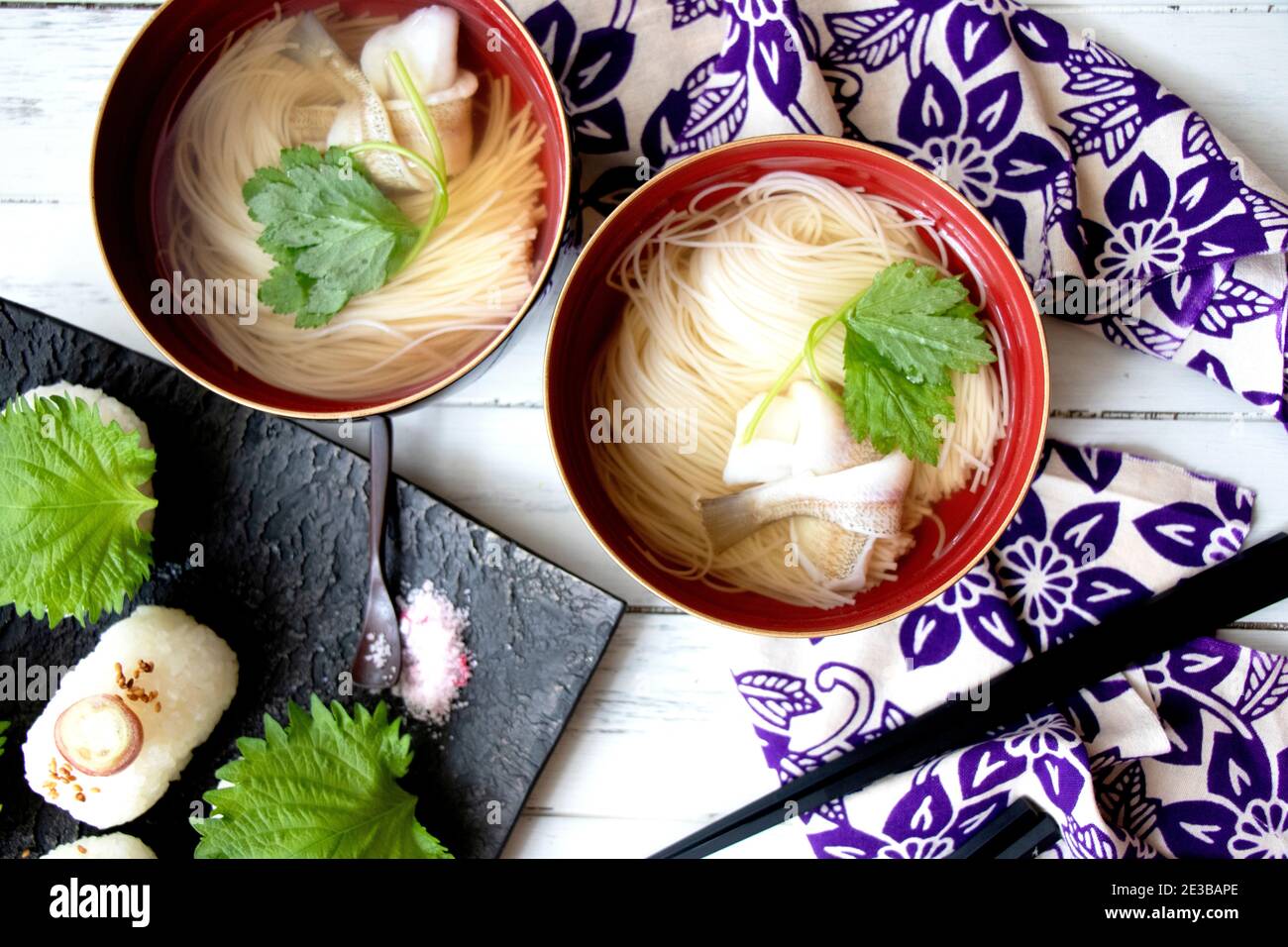 Nyumen (Warm Somen Noodles) with Tied Sillago, Japanese Food Stock Photo