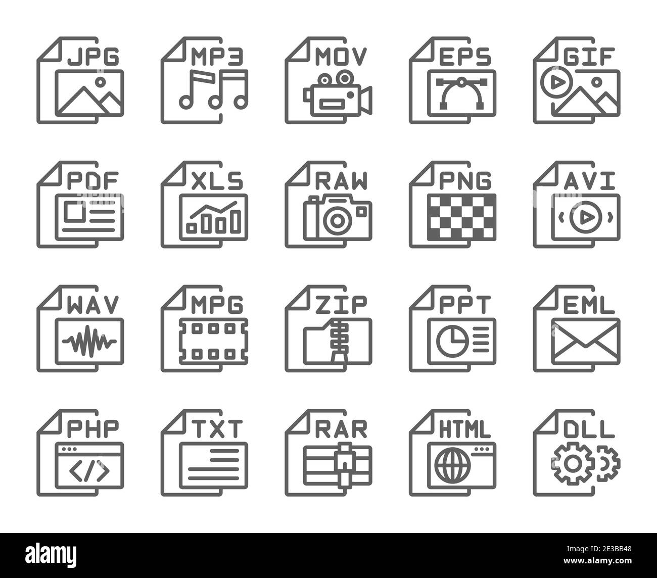 File format type outline icons set . Editable stroke . 48 x 48 pixel perfect . Stock Vector