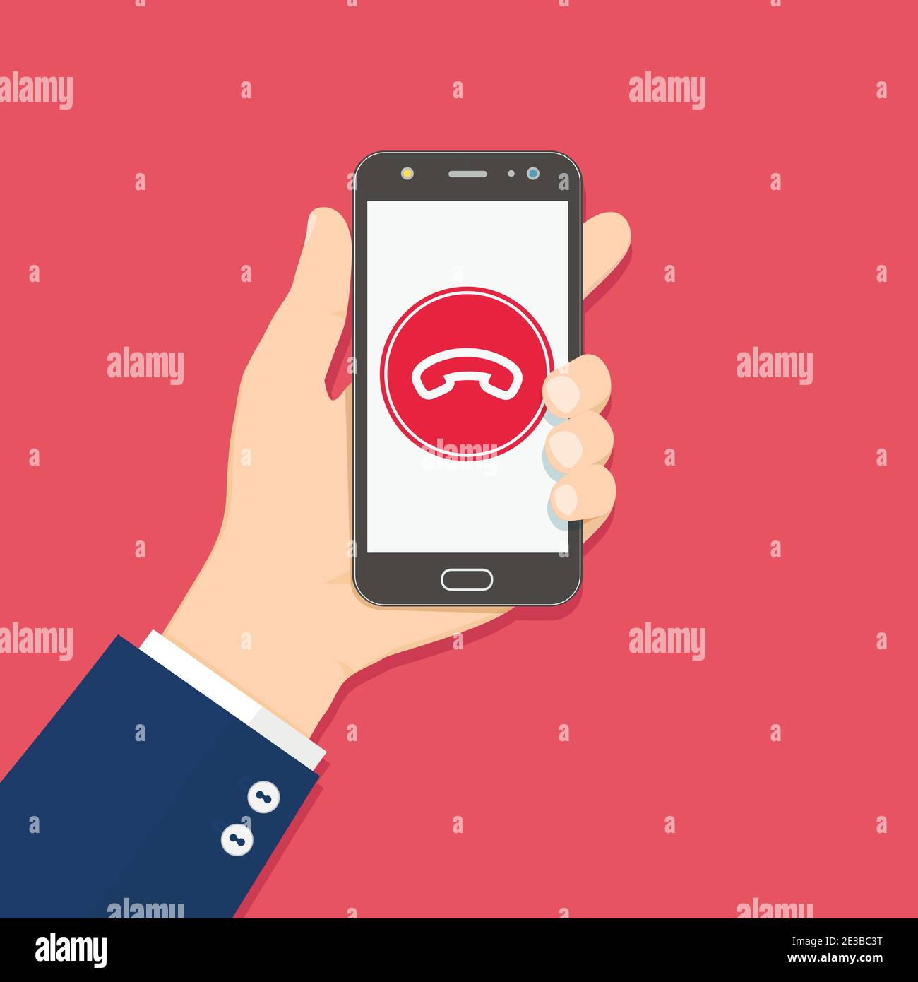 Decline phone call. Decline call button on smartphone screen. Hand holding mobile phone. Modern flat design. Vector illustration. Stock Vector