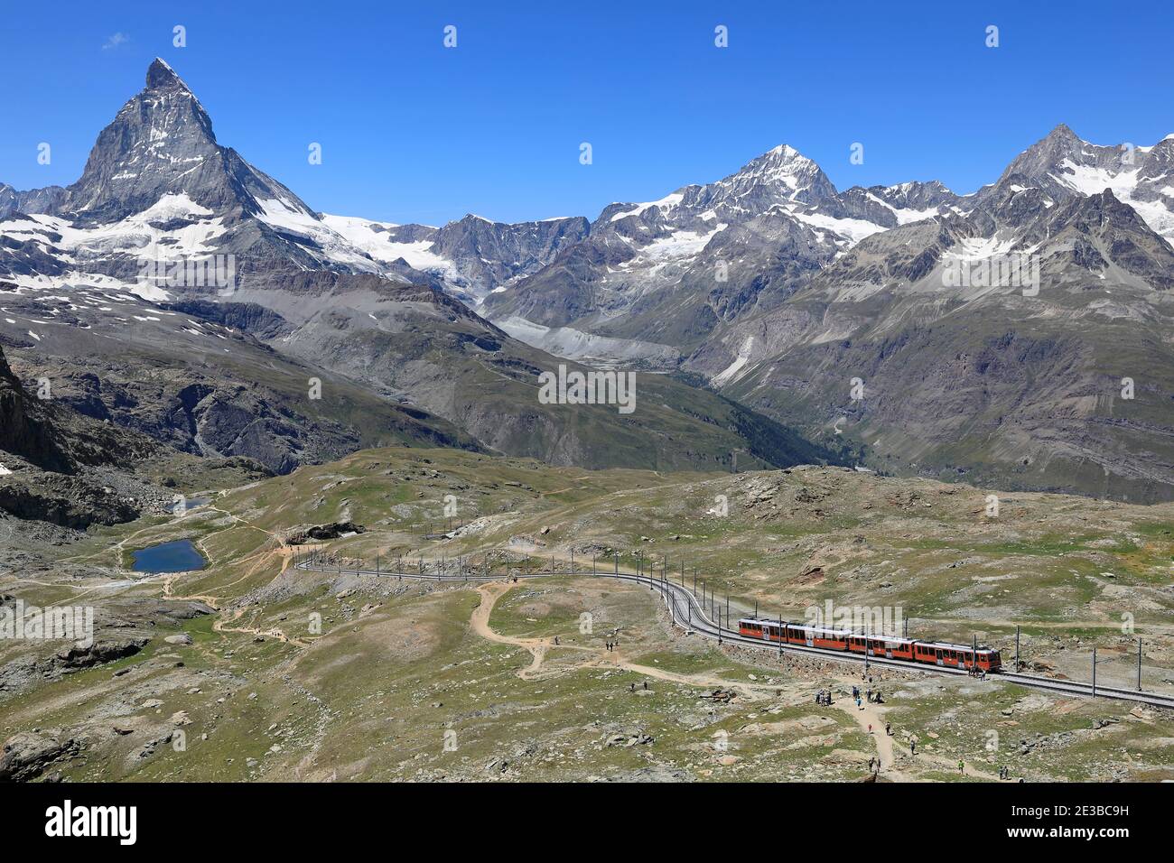 Gornergrat rack railway train and Matterhorn mountain, Zermatt, Switzerland 2020 Stock Photo