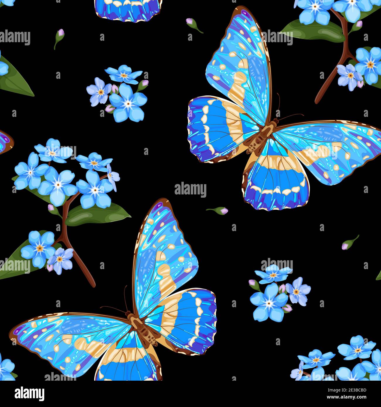 Forget-me-not flowers and butterflies. Floral seamless pattern with neon blue butterfly and Forget-me-not Flowers on a black background. Stock vector Stock Vector