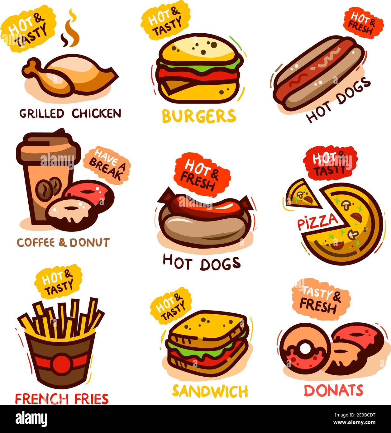 Set of colorful cartoon fast food labels, isolated on white. Vector illustration. Stock Vector