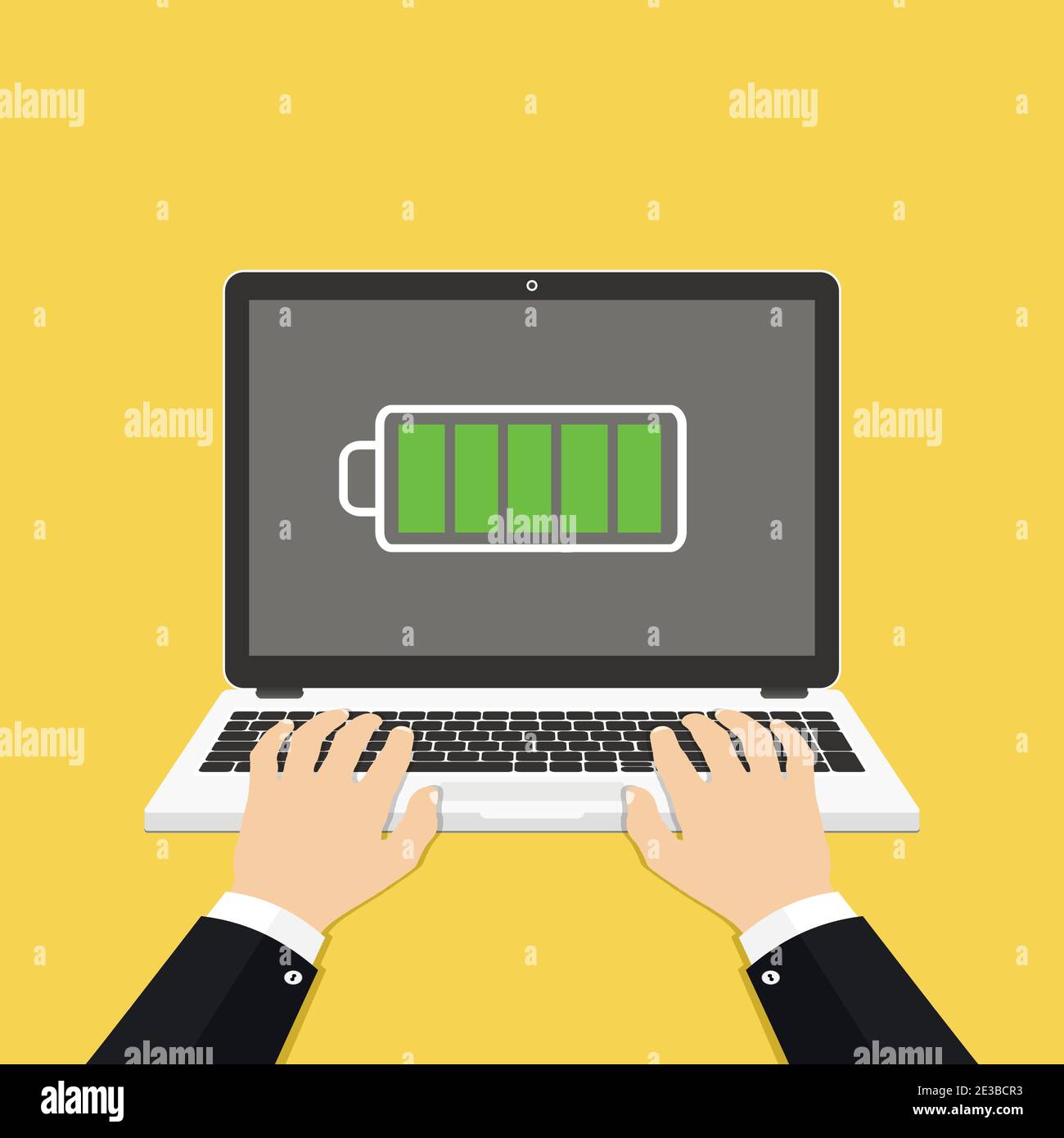 Laptop with full battery sign on screen. Hands on the laptop. Vector
